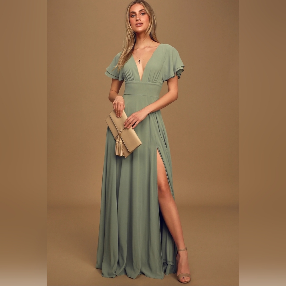 Lulu's Promise Of Love Sage Brush Flutter Sleeve Maxi Dress